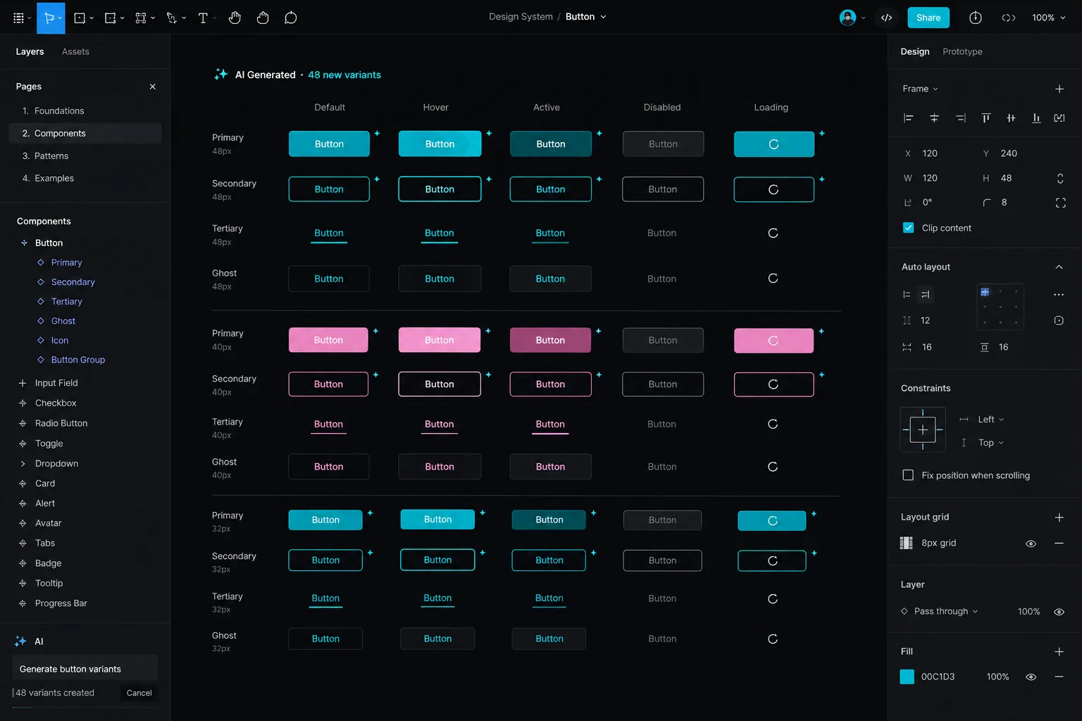 UX design process — AI-assisted generation of button variants on a Figma-style design system canvas