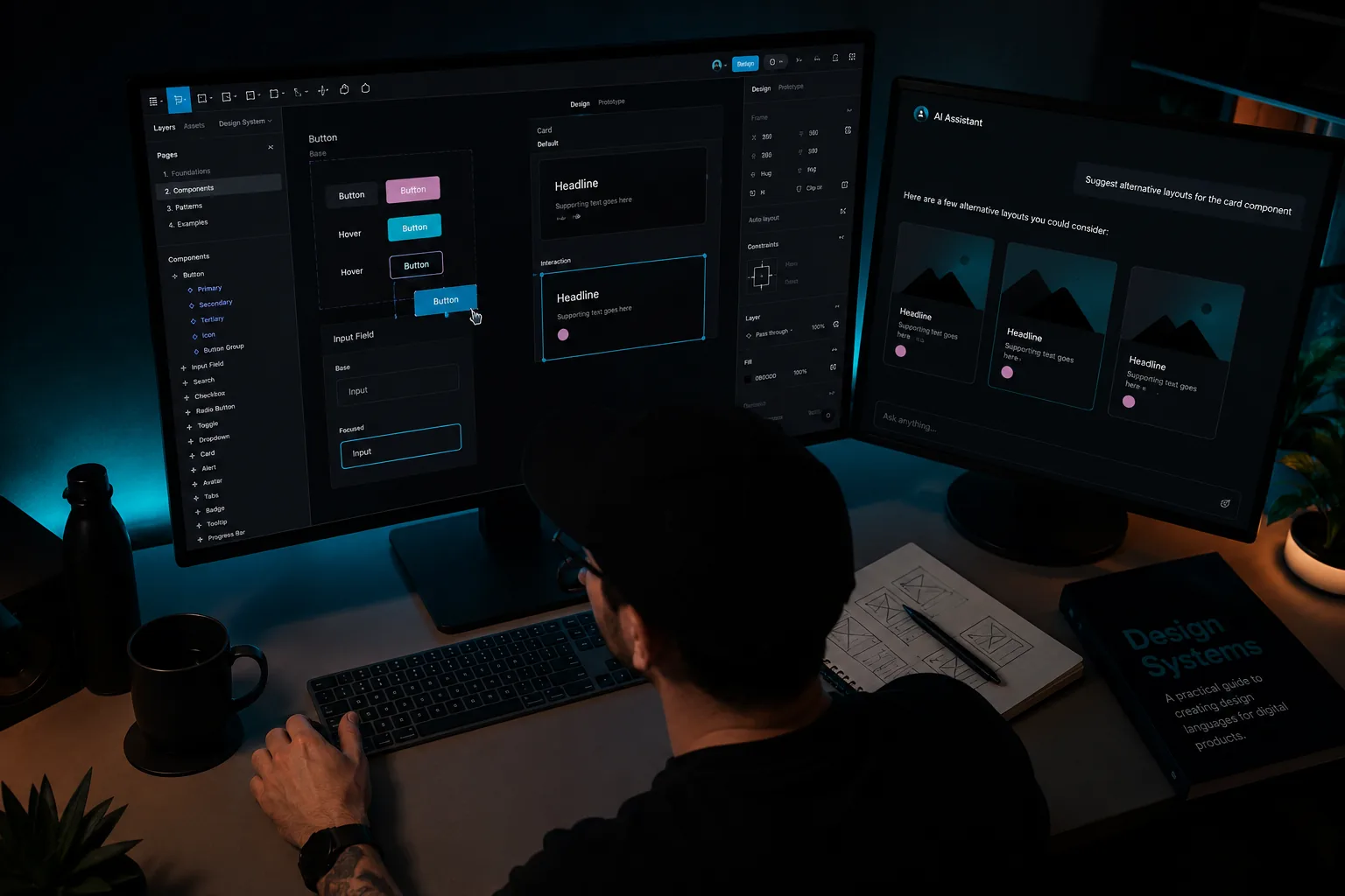 UX design trends 2026 — designer workspace with AI co-pilot beside a Figma-style interface