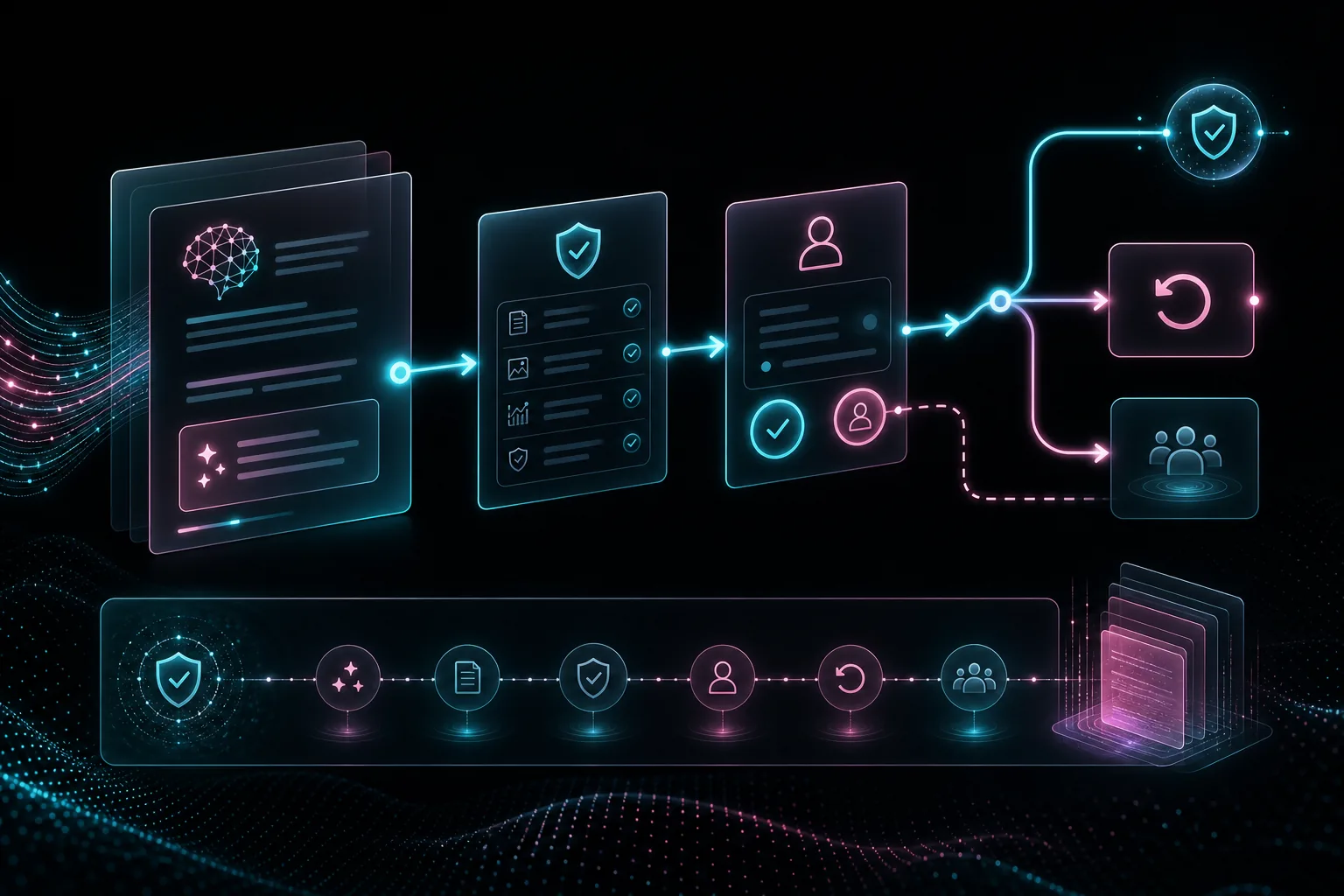AI dashboard trust workflow showing a user verifying source data, reviewing assumptions, approving a safe action, and keeping an audit trail